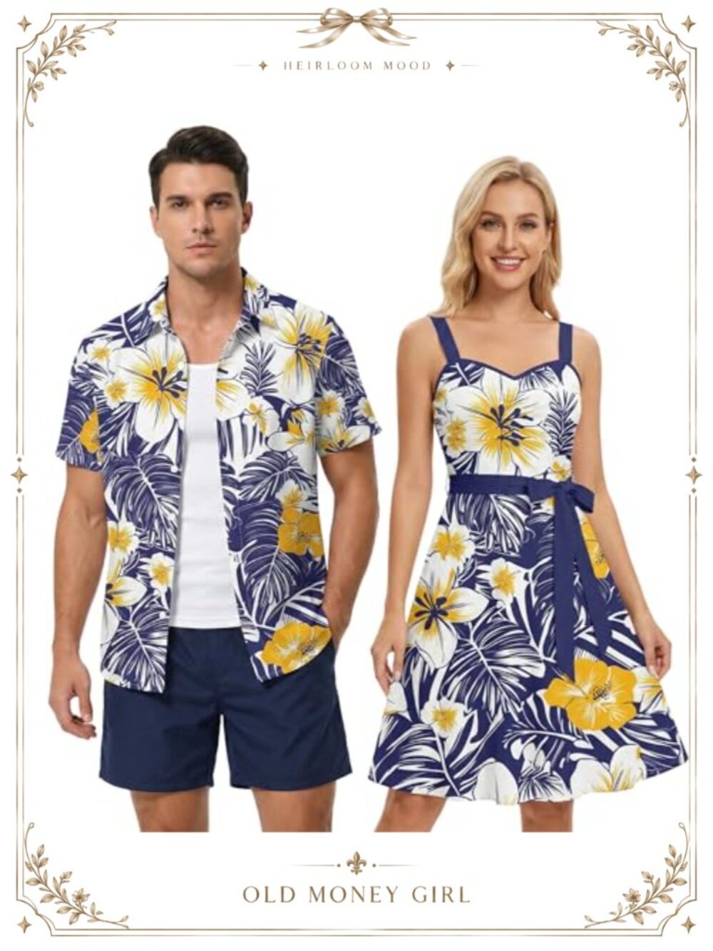 Matchable Couples Tropical Leaf Hibiscus Print Shirt or Dress Set